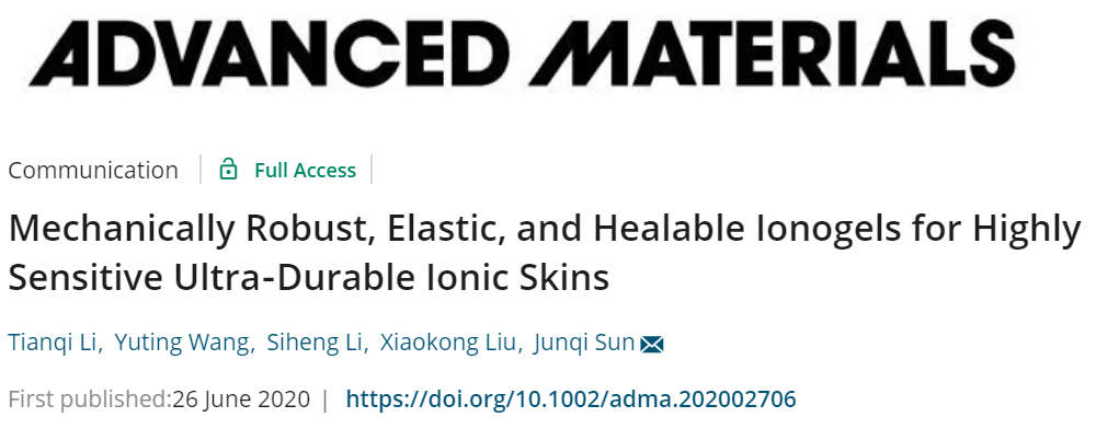 吉林大学孙俊奇教授团队《AM》： 高灵敏度、超耐用的离子皮肤