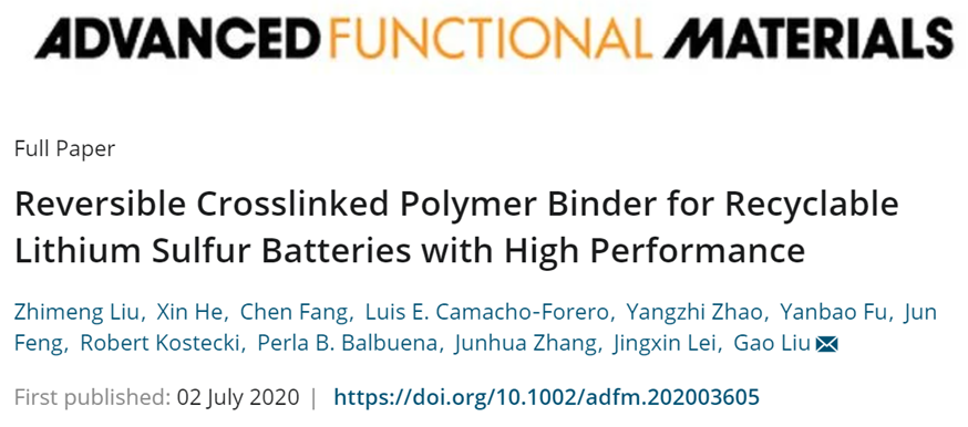 美国劳伦斯伯克利国家实验室Liu Gao团队《AFM》：可逆交联聚合物用于高性能可回收锂硫电池粘结剂