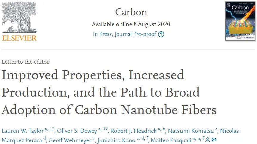 《Carbon​》：史上最强碳纳米管纤维！强度超越凯夫拉，导电性首破10 MS/m