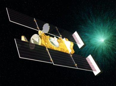 伸出类似网球拍的“气凝胶尘埃收集器”来收集彗星尘埃微粒的美国星尘号彗星探测器示意图（图片来源：NASA）